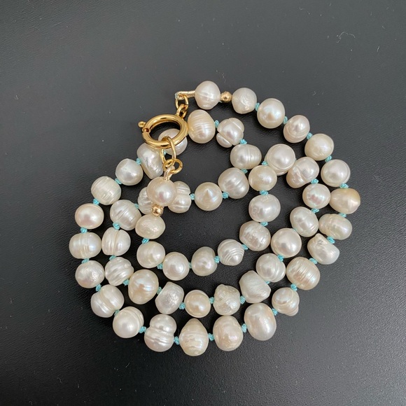 Baby Blue Knotted Freshwater Pearl Necklace - Picture 4 of 11
